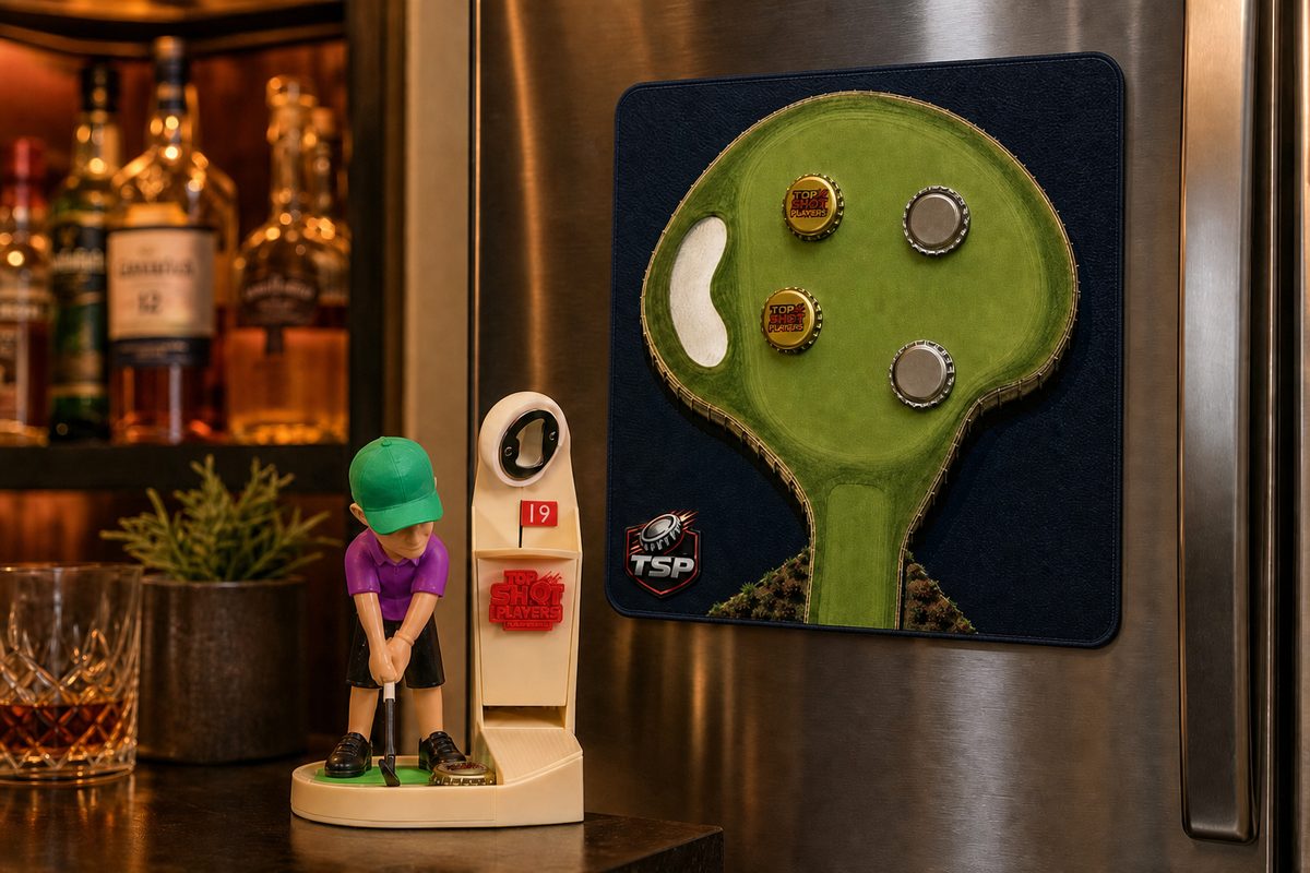 Magnetic Cap Catcher on a fridge in a home bar with Hook-It Harry taking aim