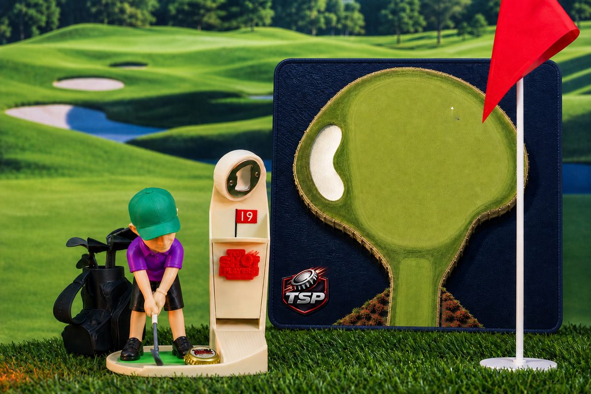 Starter Set — Hook-It Harry and Cap Catcher on turf with golf course backdrop, target mat and flag
